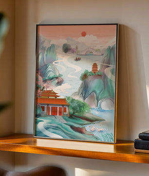 Ruhige Landschaft mit traditioneller asiatischer Architektur und Naturelementen