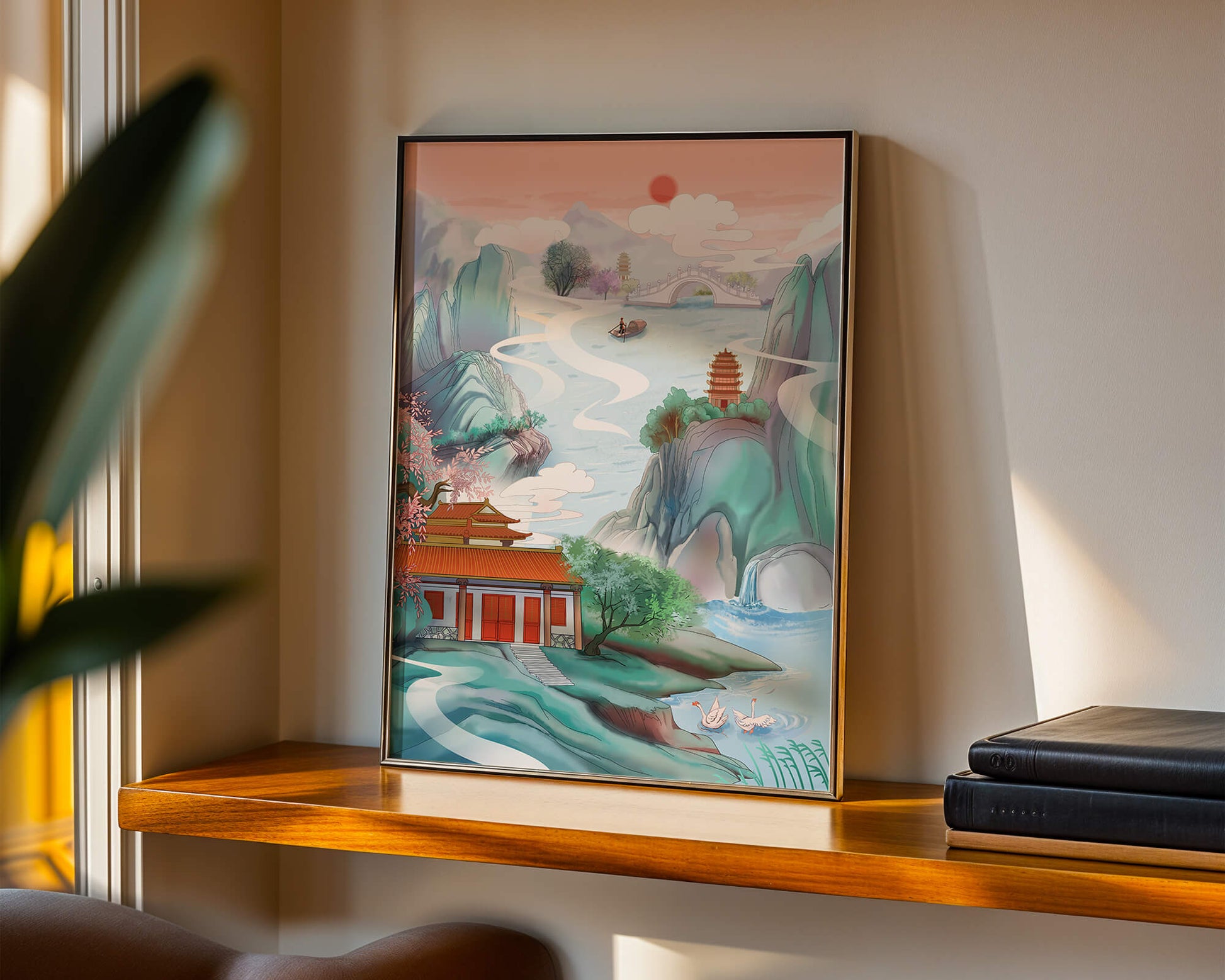 Serene landscape with traditional Asian architecture and nature elements