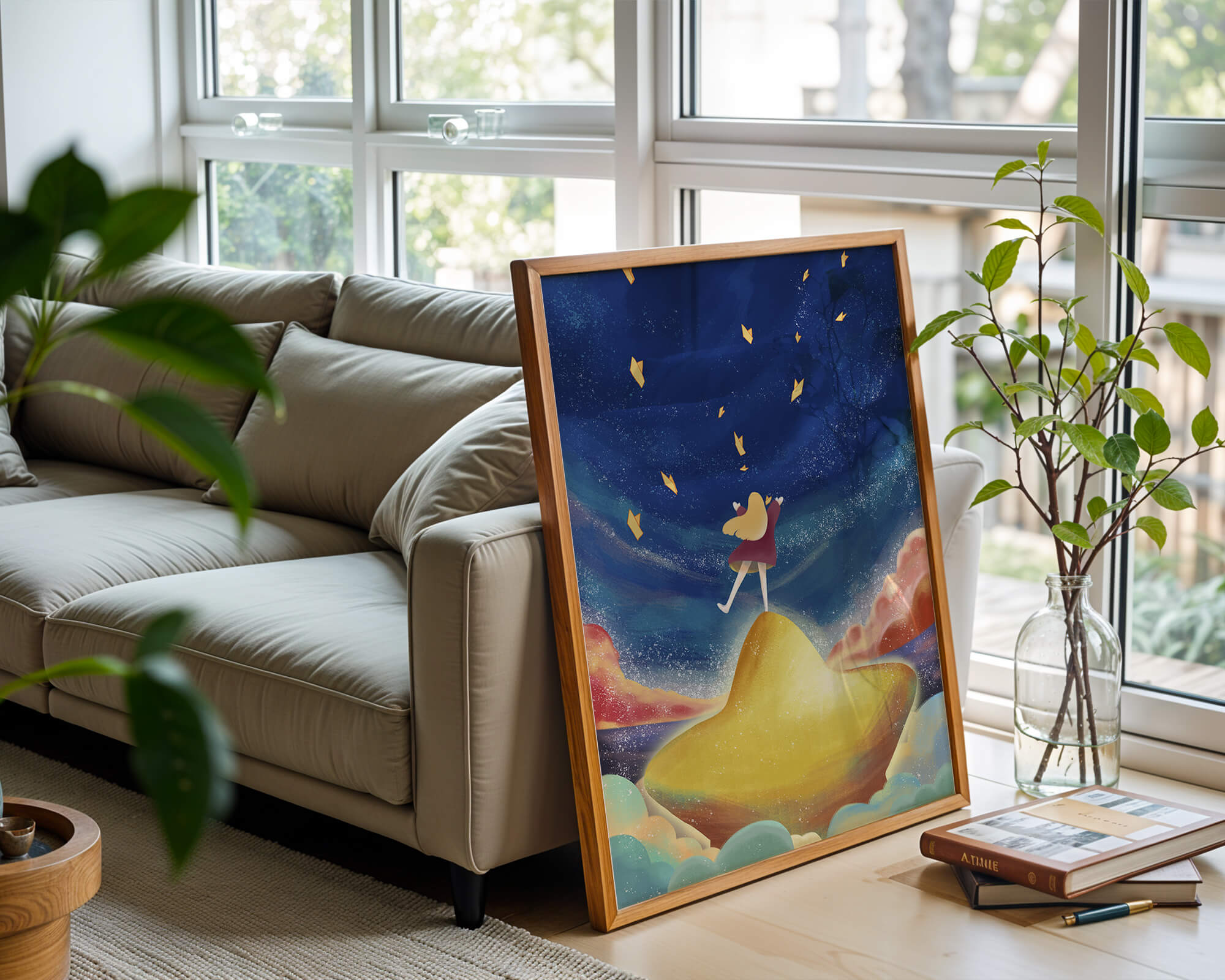 Girl standing on a golden hill reaching for stars in a dreamy night sky