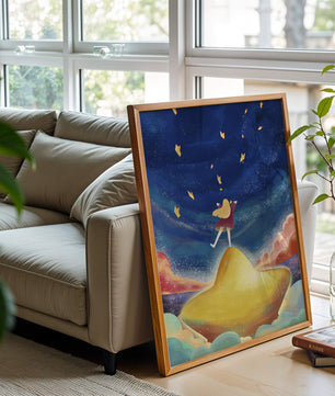 Girl standing on a golden hill reaching for stars in a dreamy night sky