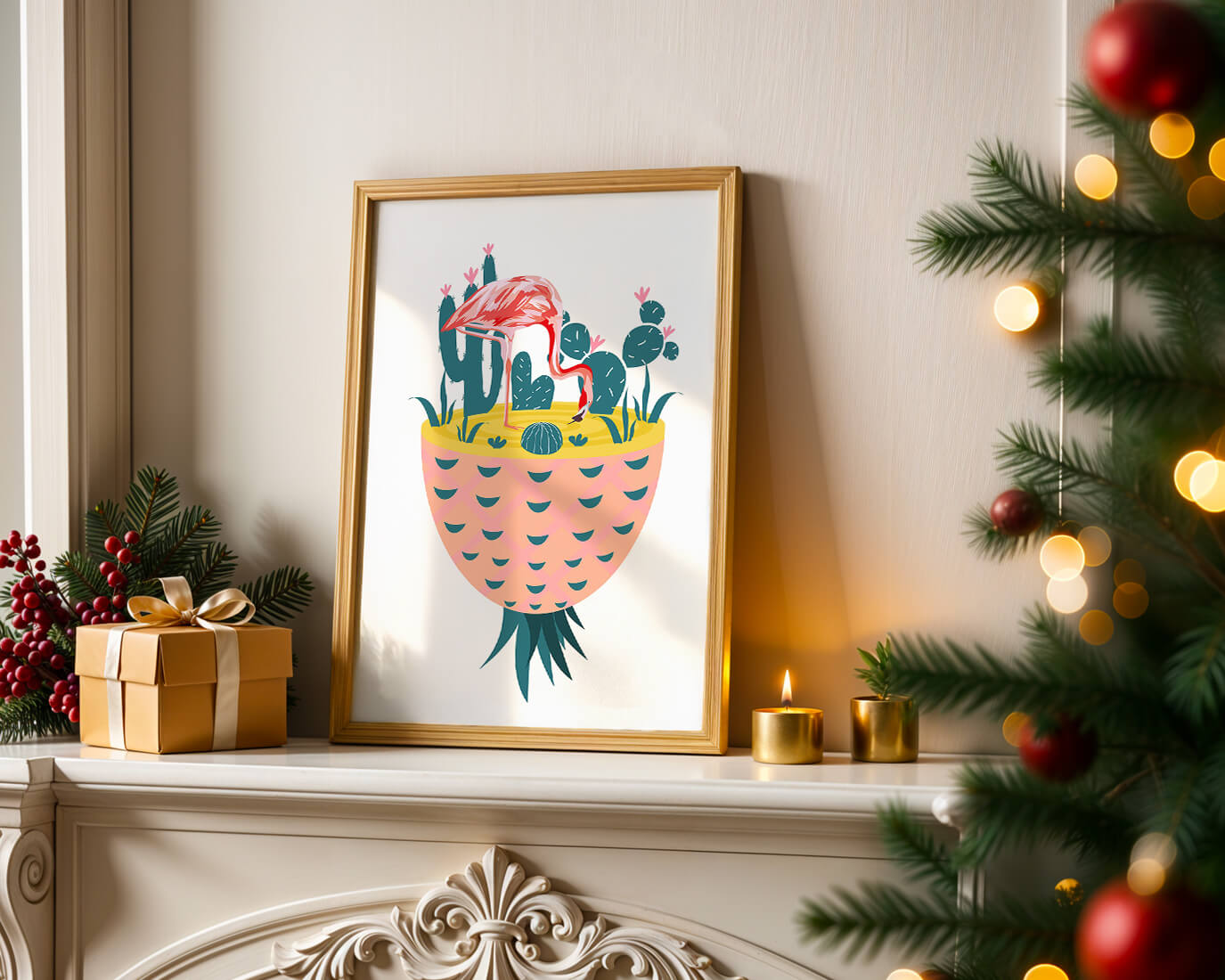 Flamingo with Cacti in Pineapple Vase Illustration