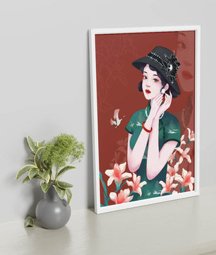 Elegant woman in vintage attire with floral hat and lilies