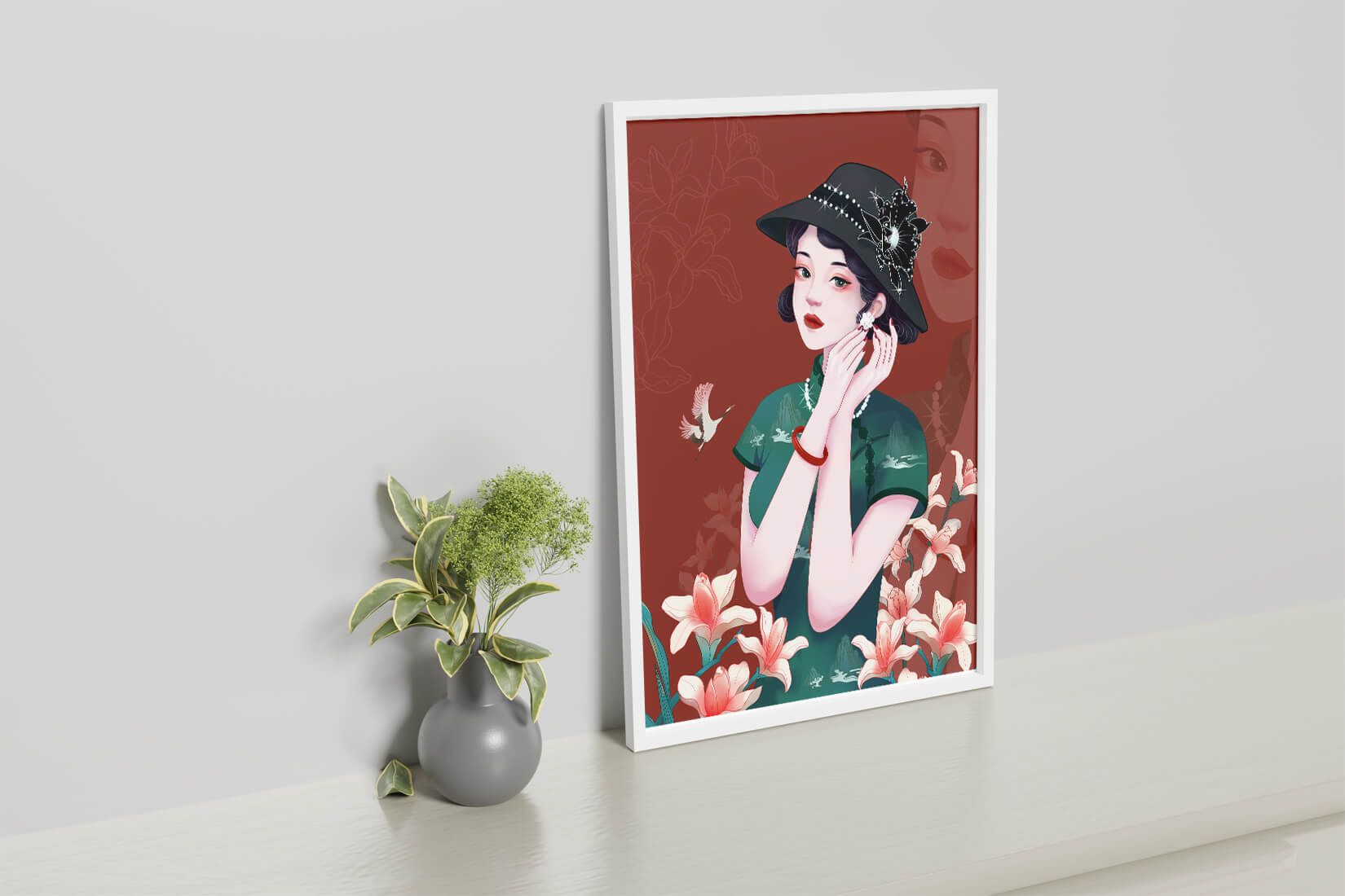 Elegant woman in vintage attire with floral hat and lilies