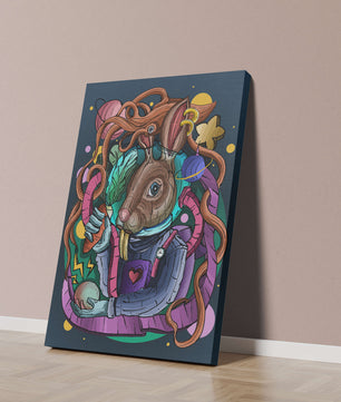 Ilustración abstracta colorida de un conejo en el espacio con pulpo, planetas y zanahoria