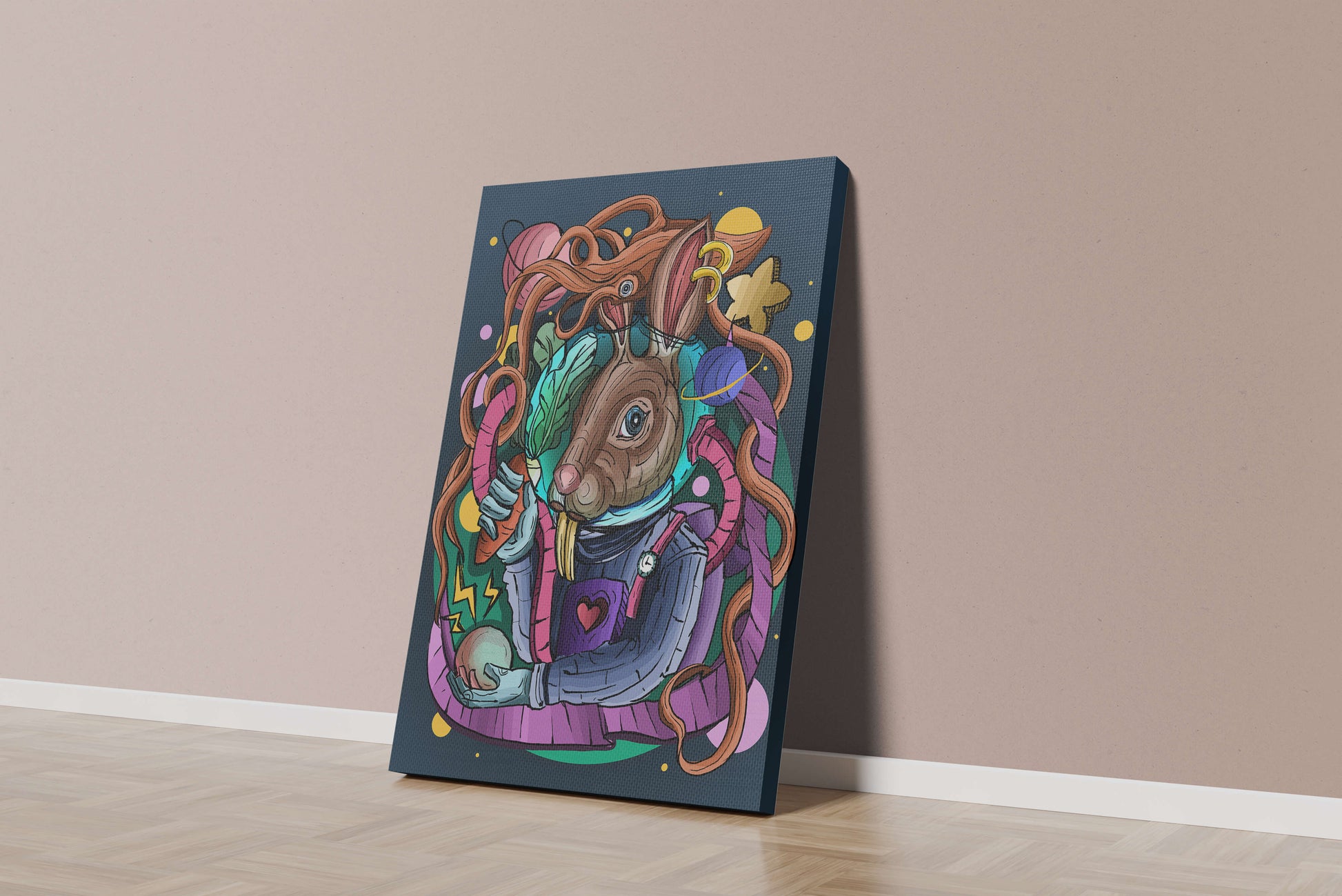 Ilustración abstracta colorida de un conejo en el espacio con pulpo, planetas y zanahoria.