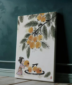 Arte japonés con una niña recogiendo caquis bajo un árbol