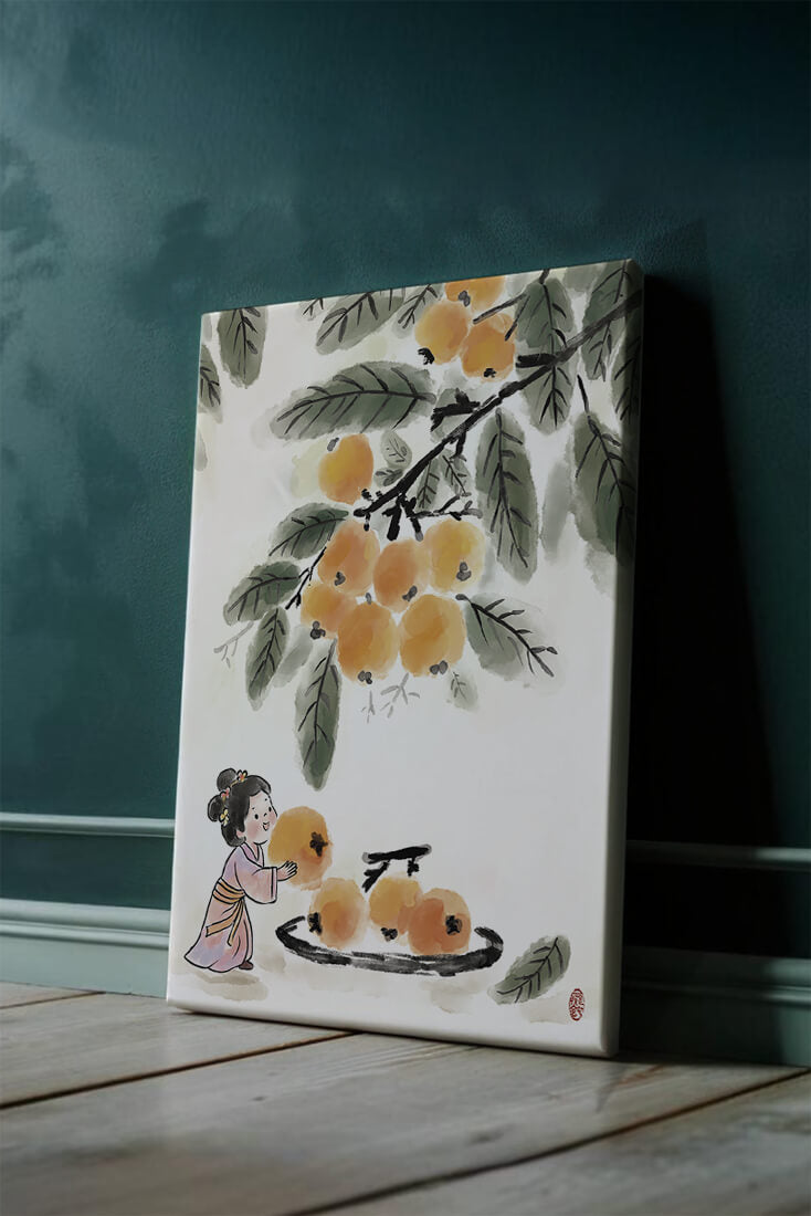 Arte japonés con una niña recogiendo caquis bajo un árbol