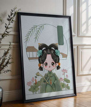 Charming illustration of a cute character in traditional Asian attire with floral elements
