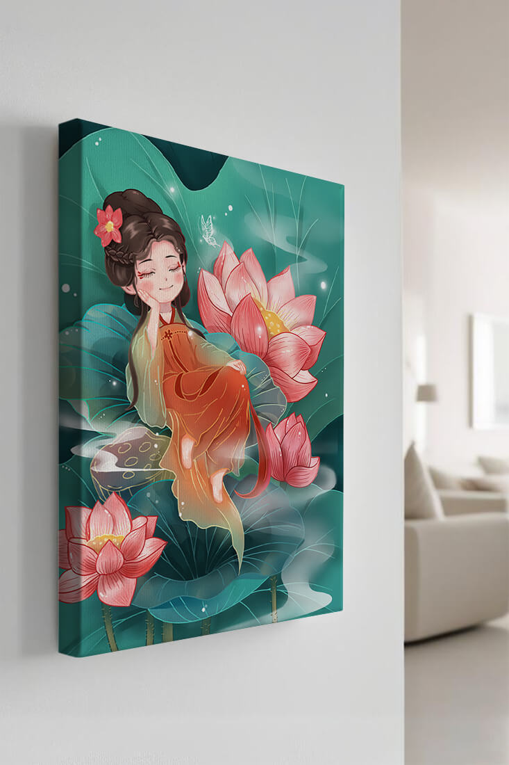 Charming illustration of a girl resting amidst lotus flowers