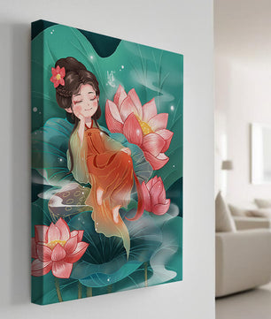 Charmante illustration d'une fille se reposant parmi des fleurs de lotus