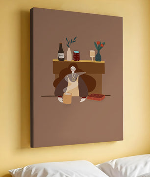 Escena acogedora con mujer junto a la chimenea y elementos decorativos