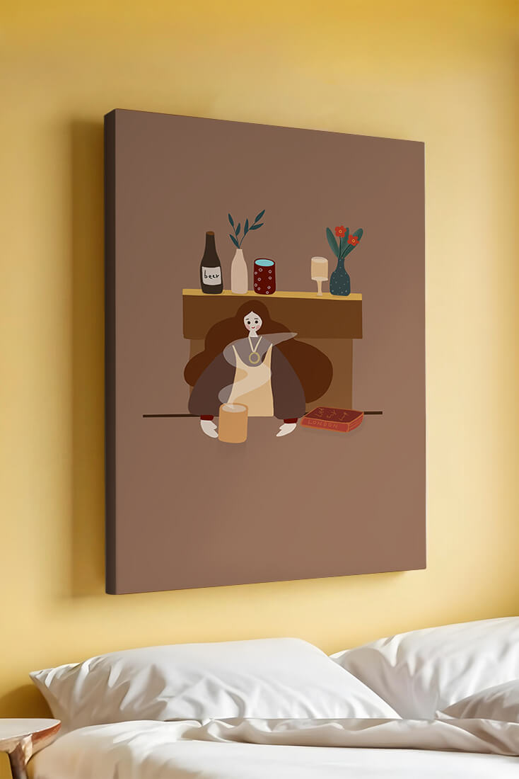 Escena acogedora con mujer junto a la chimenea y elementos decorativos