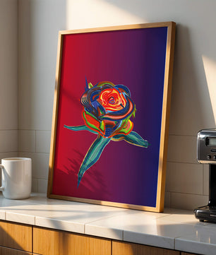Rosa abstracta vibrante con colores dinámicos sobre fondo degradado