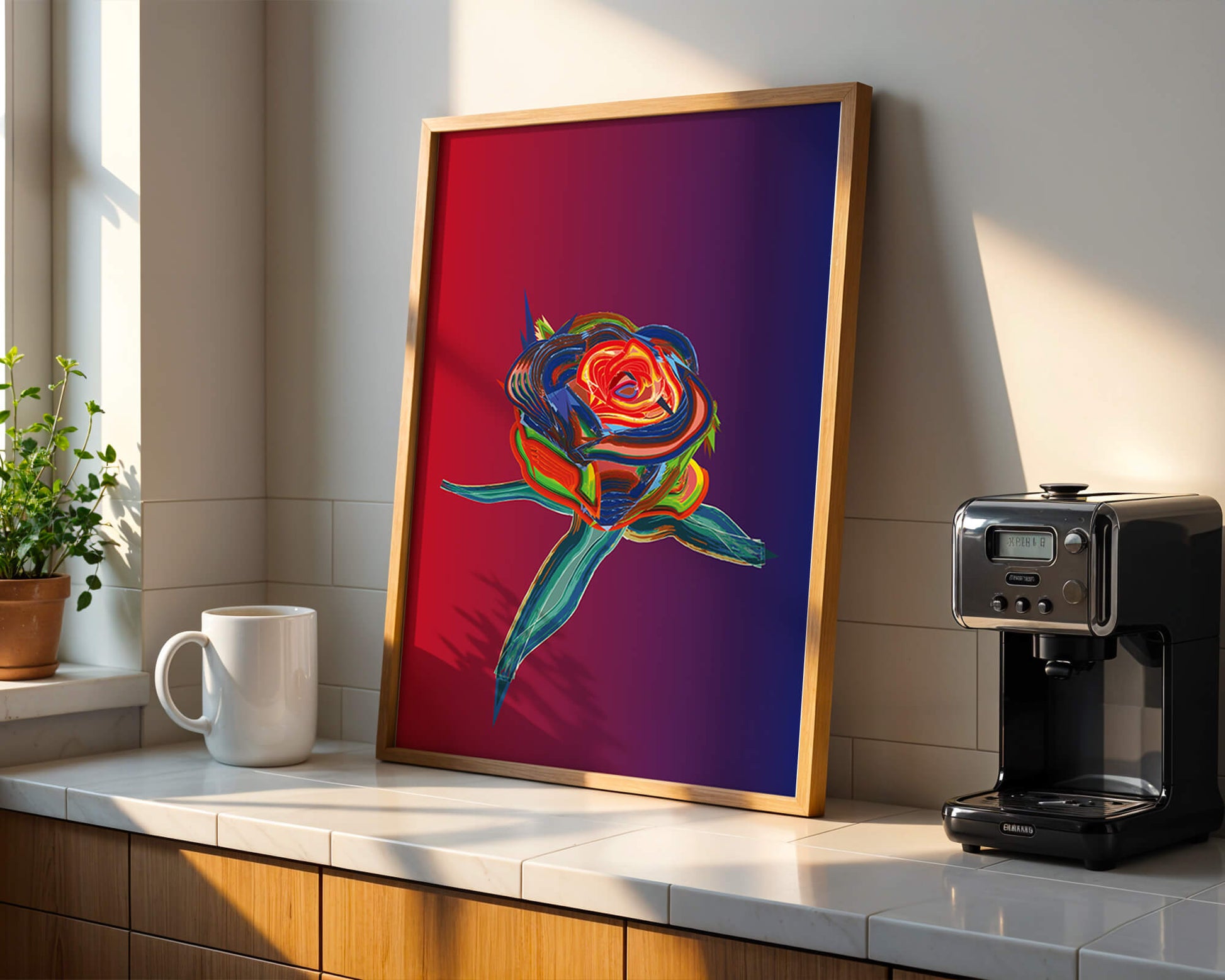 Rosa abstracta vibrante con colores dinámicos sobre fondo degradado