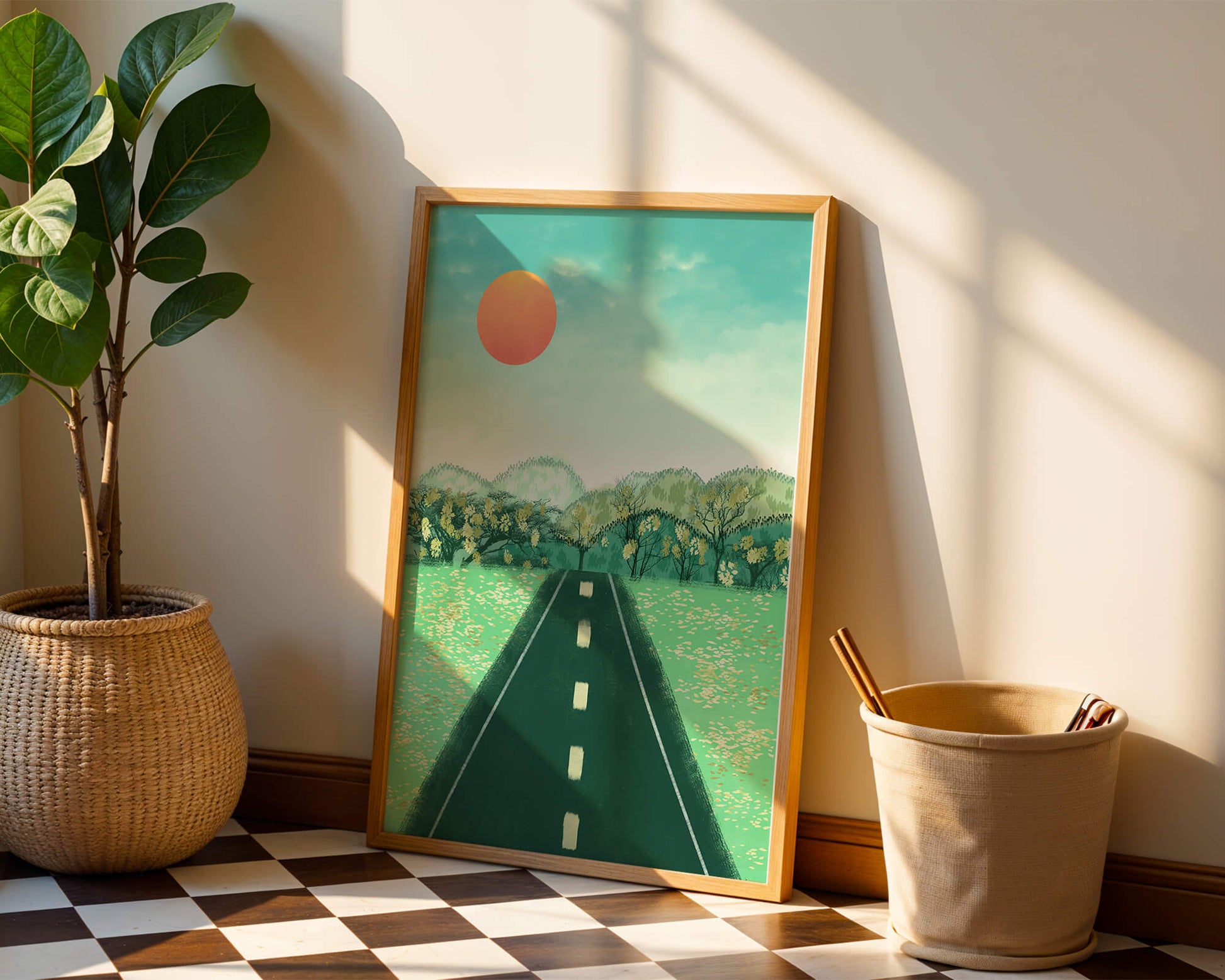 Serene Landscape with Road Leading to Sunset and Lush Greenery