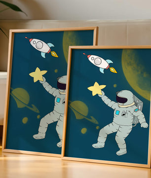 Astronaut Reaching for Star with Rocket and Planets in Space Scene - Mi tienda