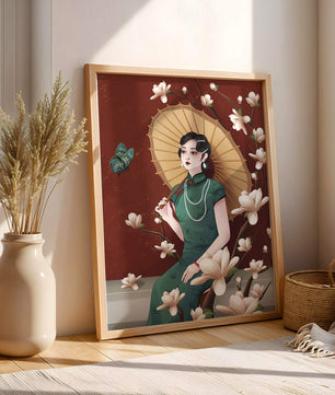 Mujer elegante con parasol y flores de magnolia sobre fondo rojo