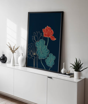 Elegant Floral Illustration with Vibrant Lotus and Gold Outlines on Dark Background