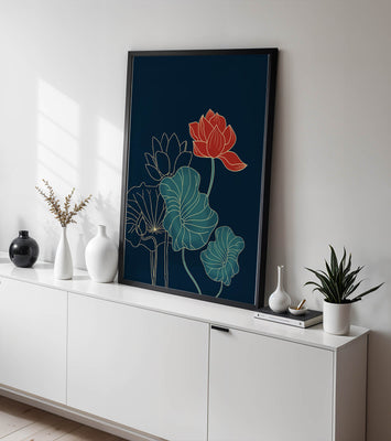 Elegant Floral Illustration with Vibrant Lotus and Gold Outlines on Dark Background