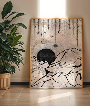 Abstract celestial landscape with mountains and stars