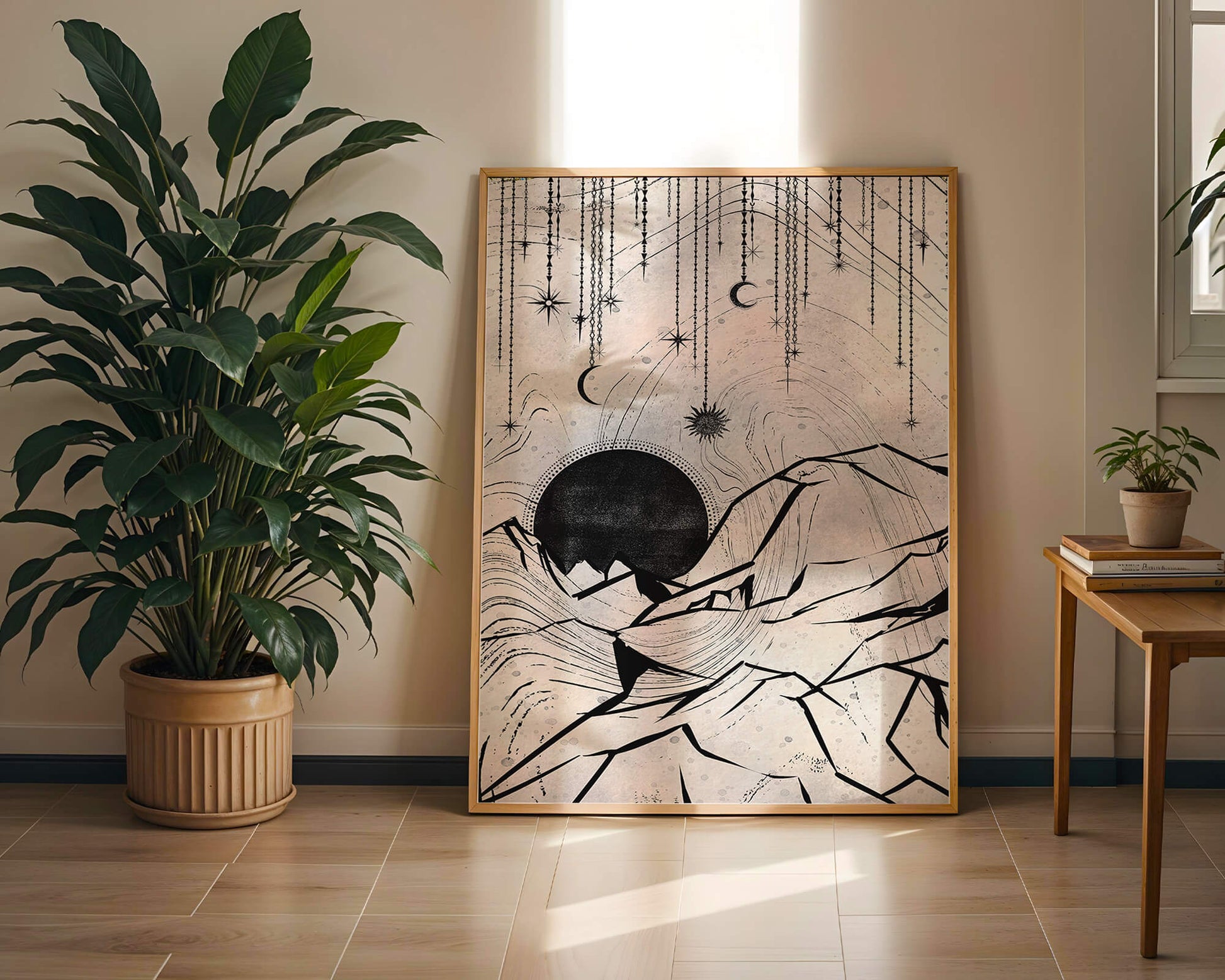 Abstract celestial landscape with mountains and stars