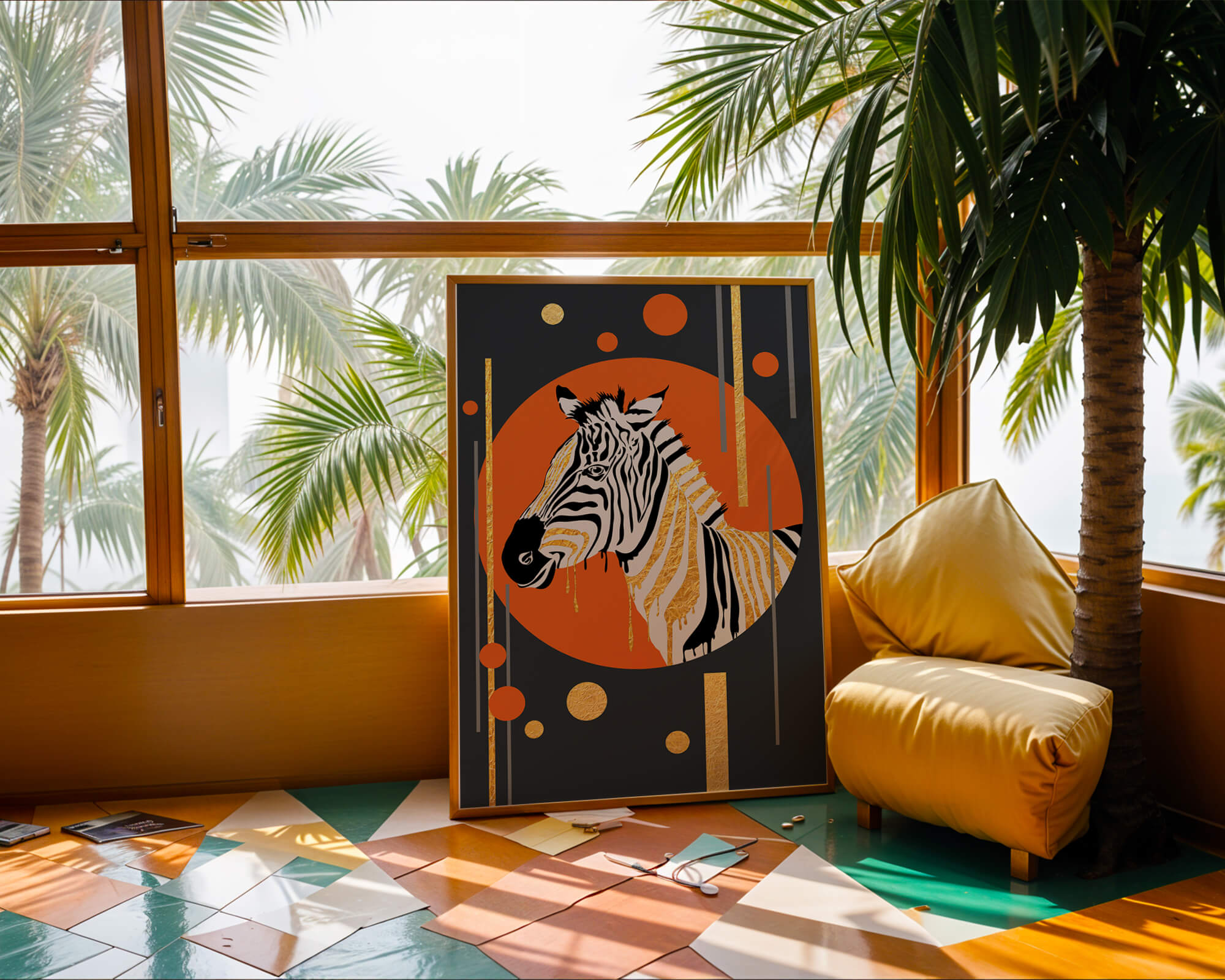 Modern zebra art with golden accents on abstract background