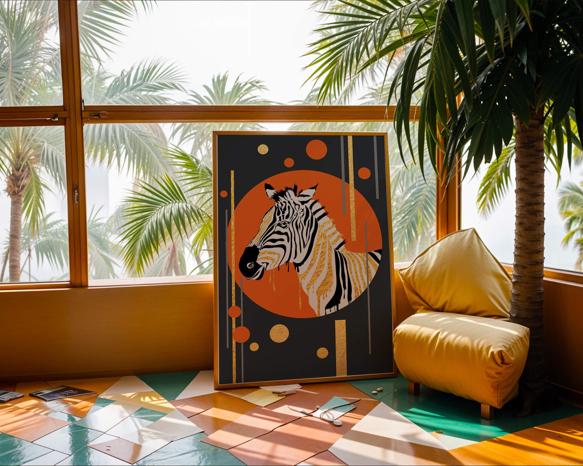 Modern zebra art with golden accents on abstract background