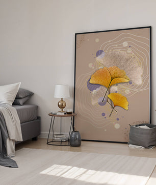 Elegante Blätter des Ginkgo mit abstrakten wellenförmigen und kreisförmigen Elementen