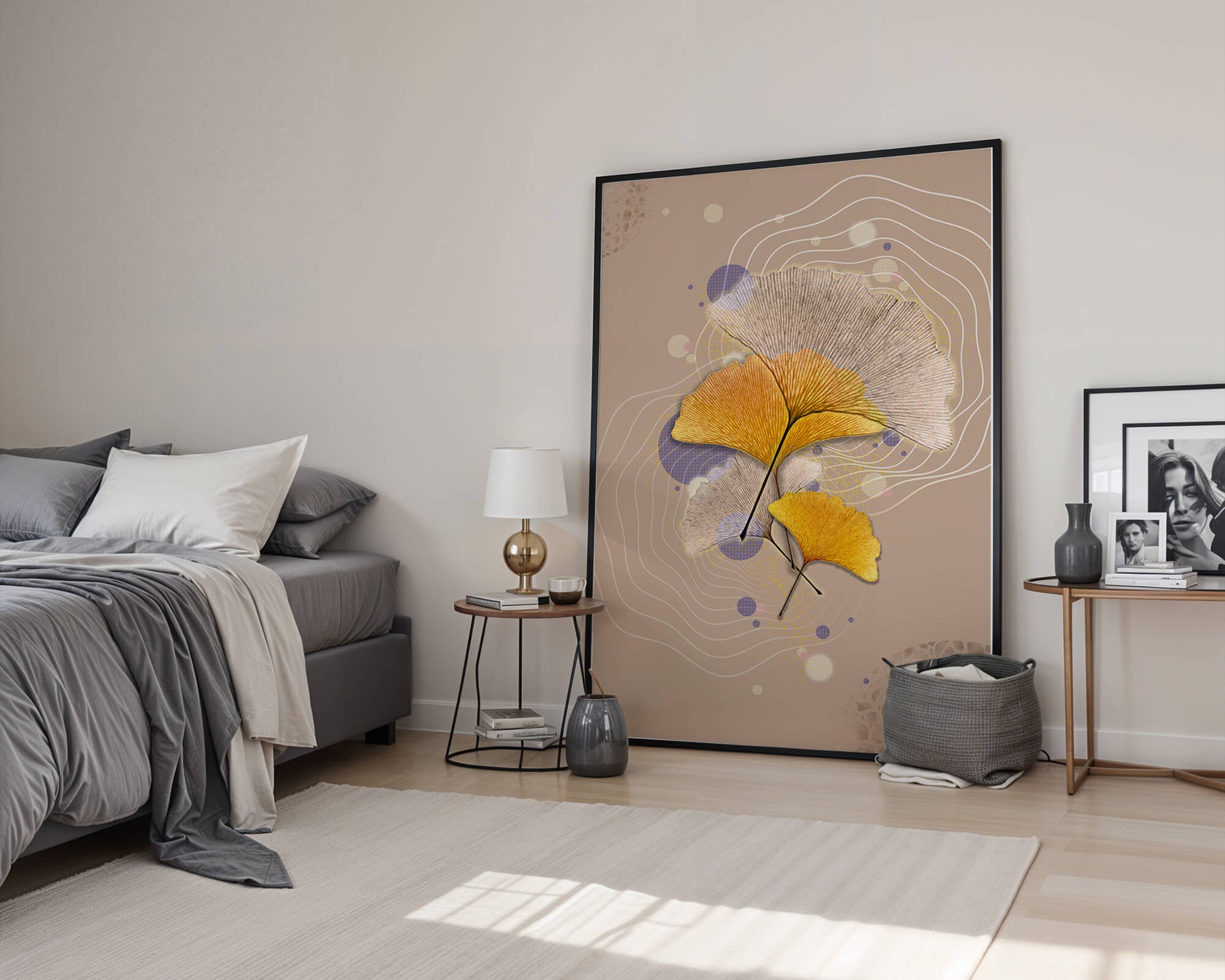 Elegant ginkgo leaves with abstract wavy and circular elements