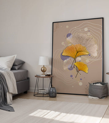 Elegant ginkgo leaves with abstract wavy and circular elements