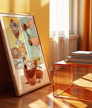 Ilustración artística de café y postre con detalles dorados