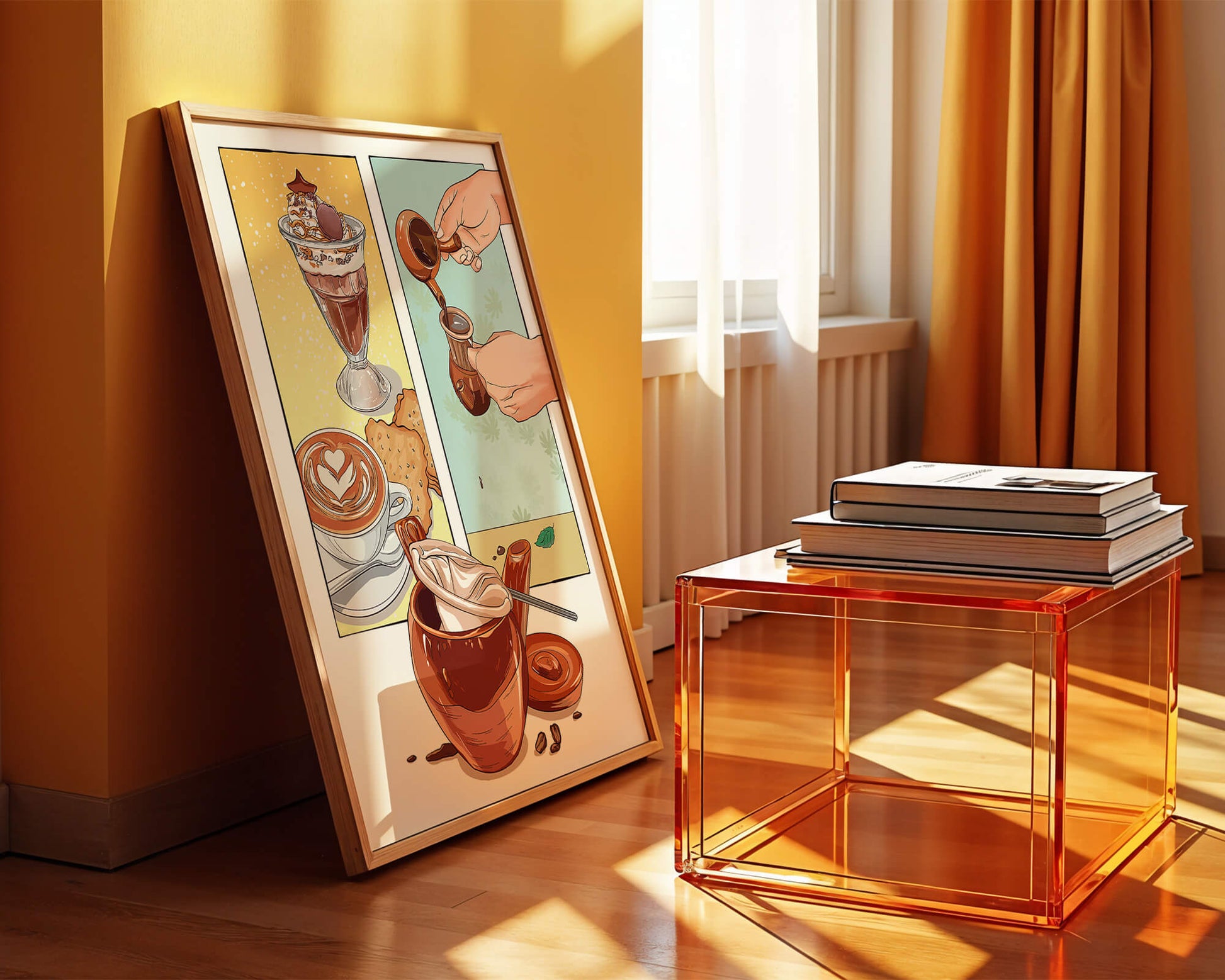 Ilustración artística de café y postre con detalles dorados