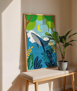 Illustration eines Wals in einer farbenfrohen Waldszene mit Mond und Pflanzen