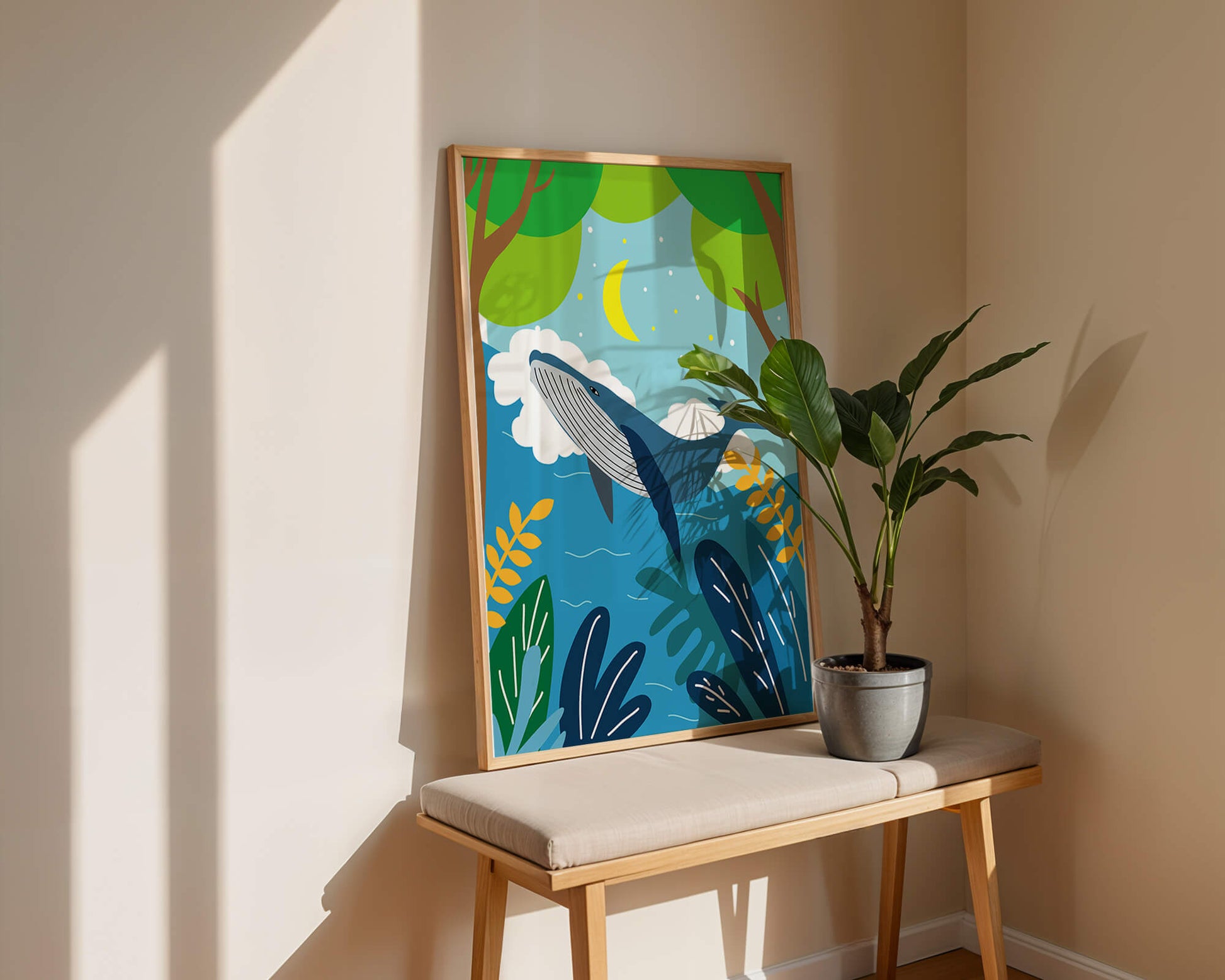 Illustration of a whale in a colorful forest scene with moon and plants