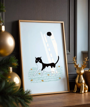 Whimsical cat illustration in field of flowers