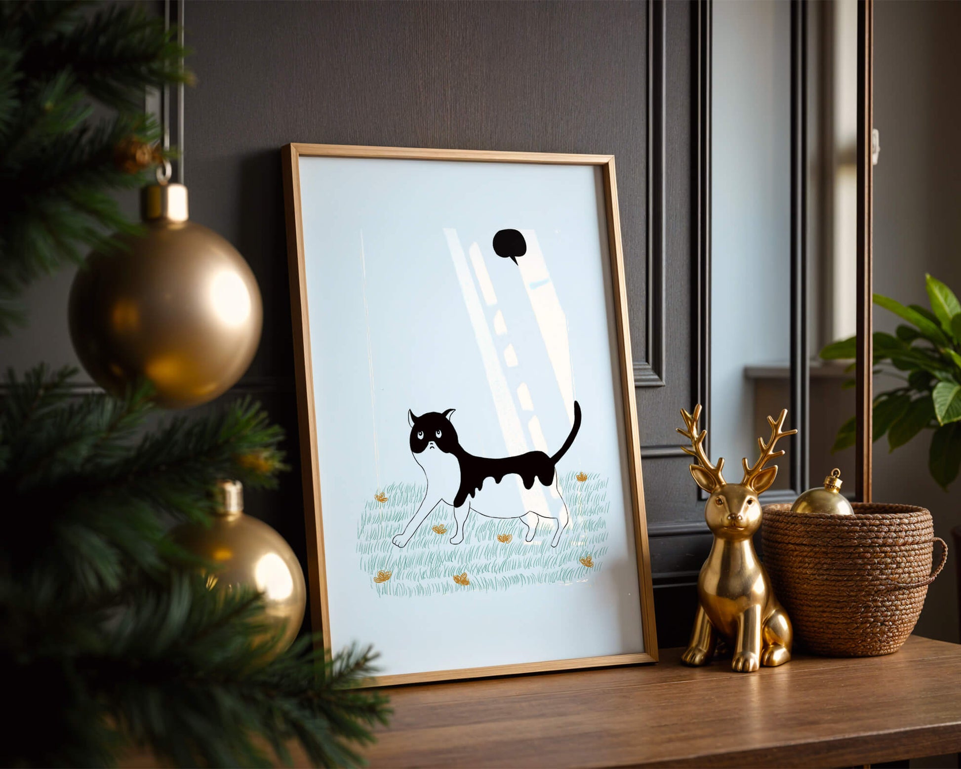 Whimsical cat illustration in field of flowers
