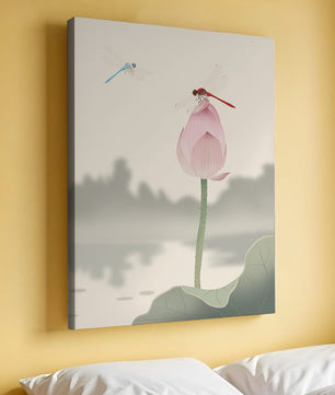 Dragonflies on a Lotus Bud with Serene Landscape