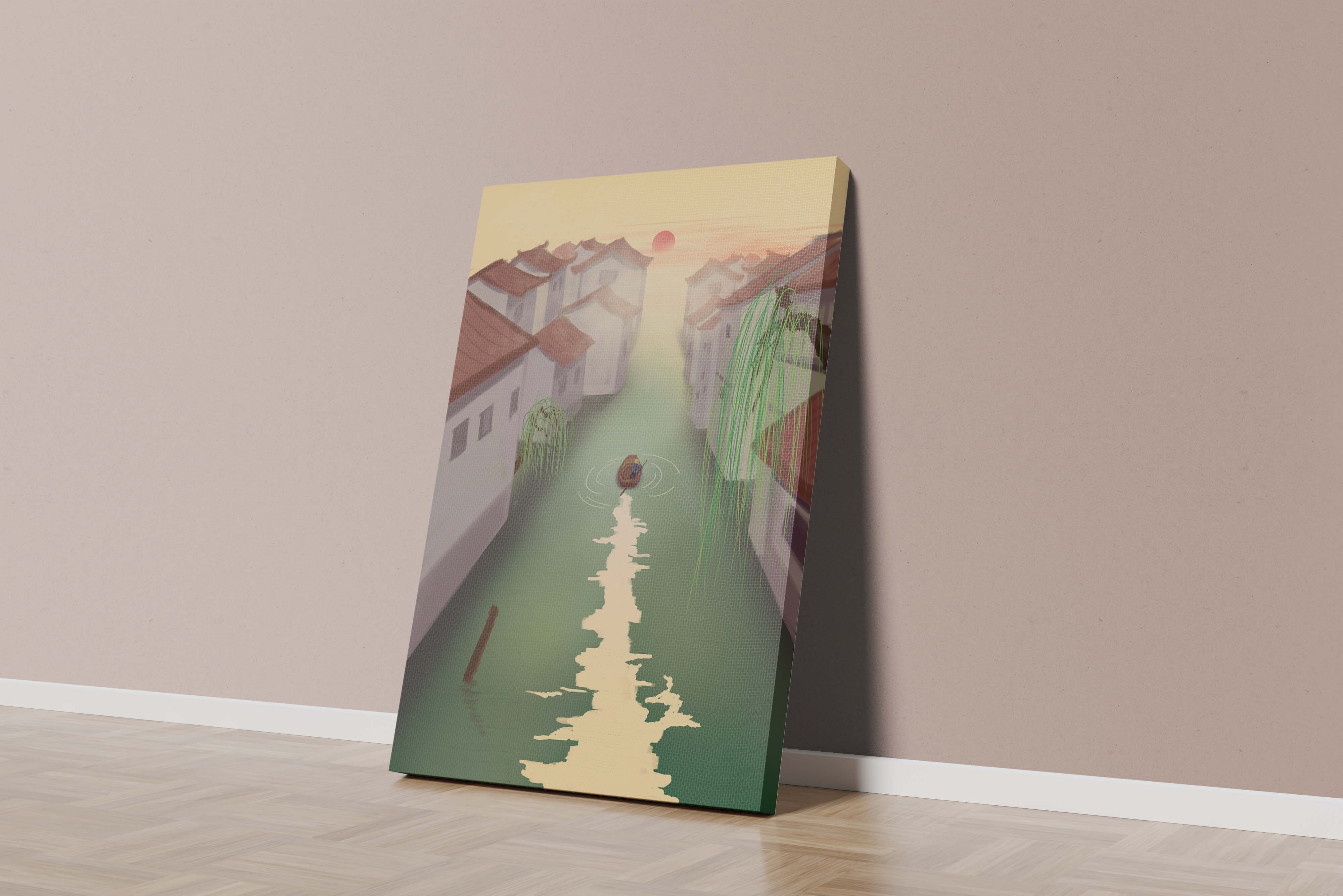 Tranquil river scene with traditional architecture and sunset