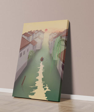 Escena de río tranquilo con arquitectura tradicional y atardecer