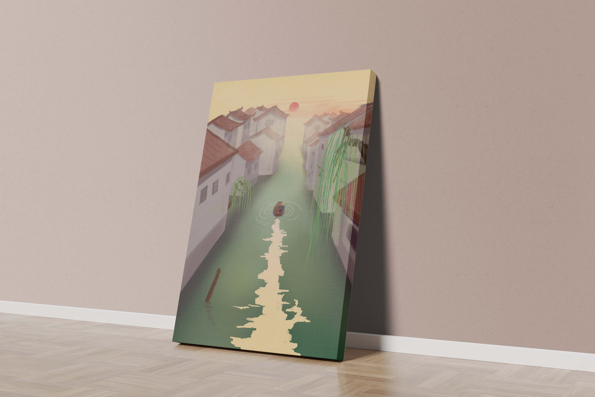 Tranquil river scene with traditional architecture and sunset