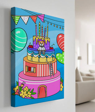 Colorful birthday cake with teddy bear and festive decorations