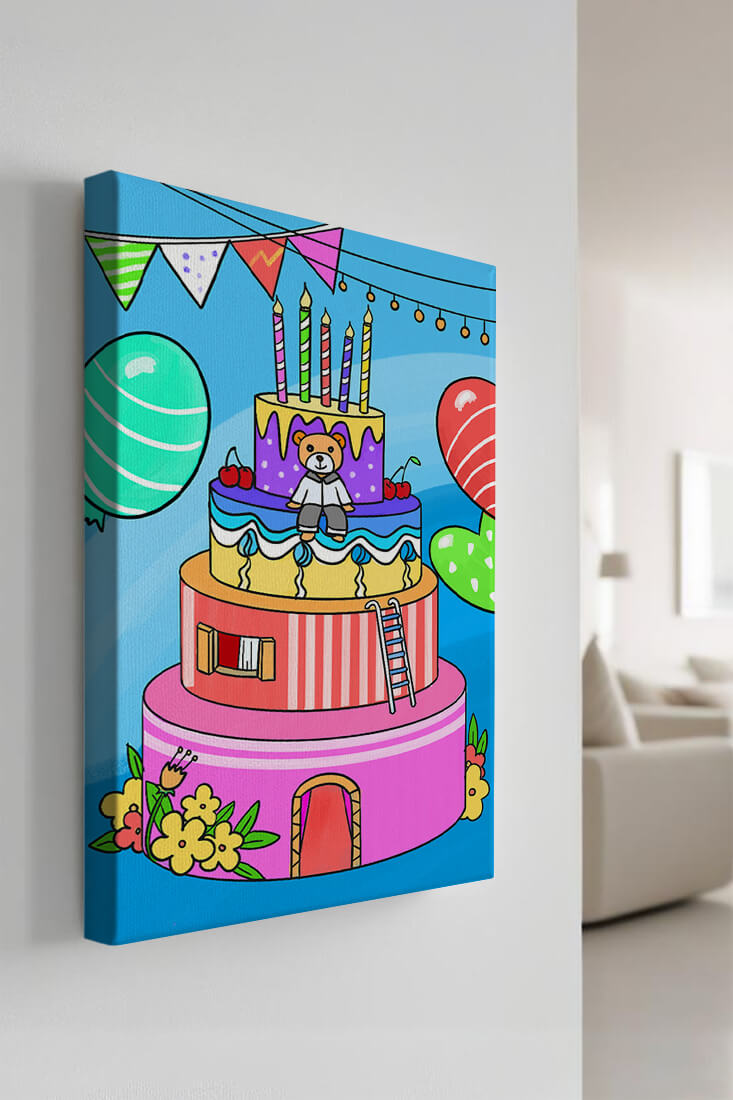 Colorful birthday cake with teddy bear and festive decorations