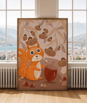 Orange Squirrel with Acorn in Autumn Forest