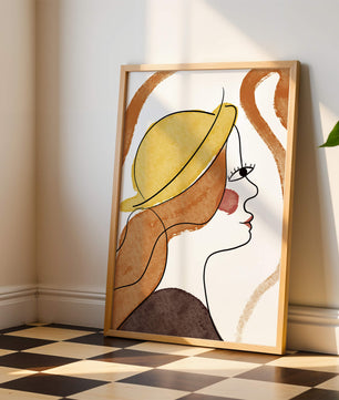 Retrato de línea moderna de una mujer con sombrero y colores vibrantes