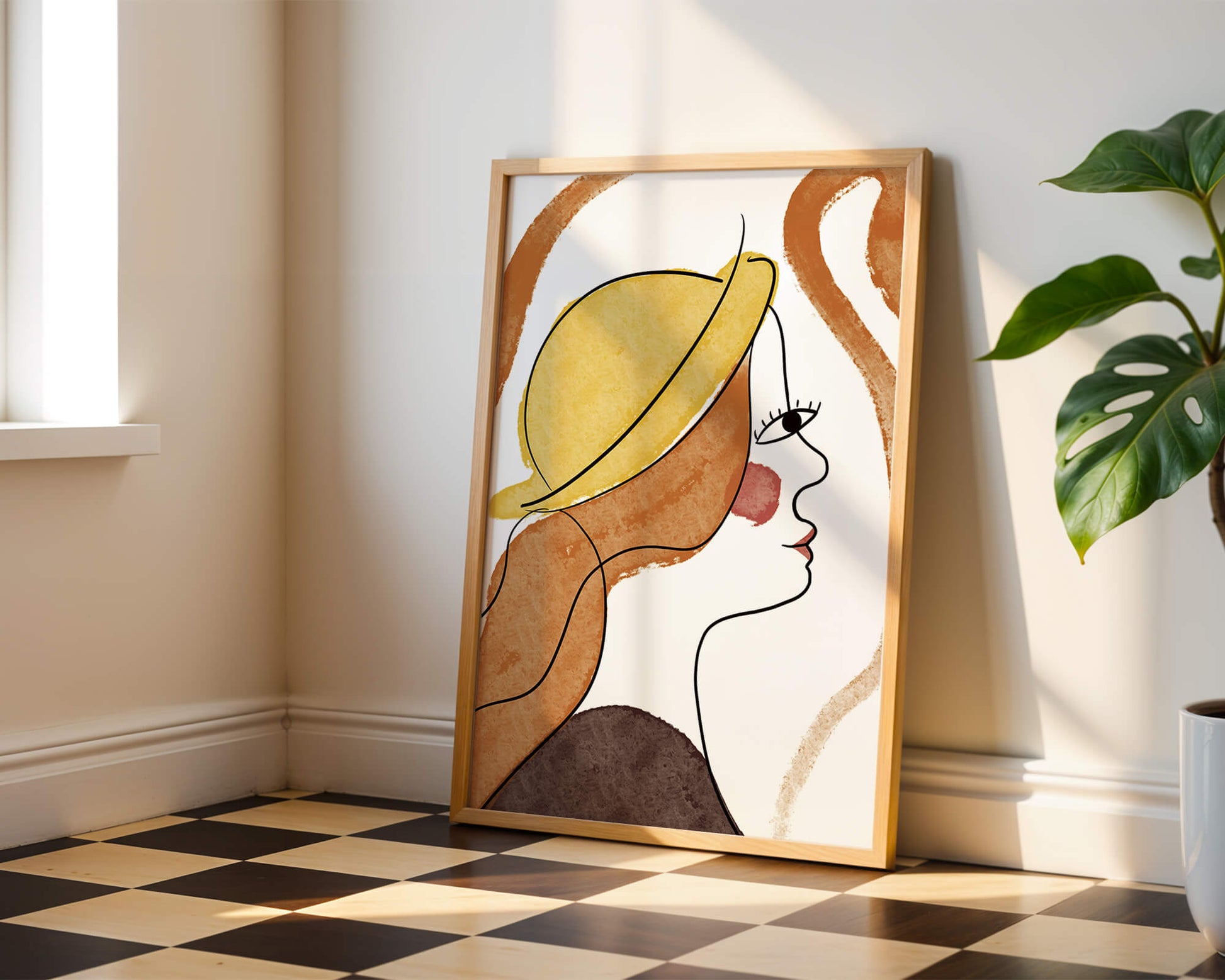 Retrato de línea moderna de una mujer con sombrero y colores vibrantes