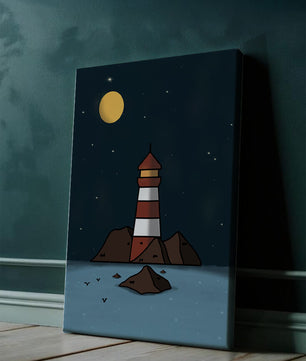 Escena nocturna tranquila con faro y estrellas que reflejan serenidad