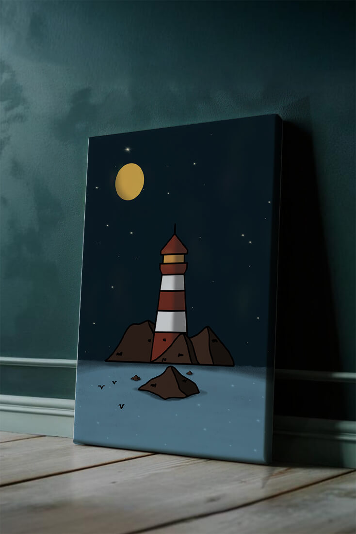 Escena nocturna tranquila con faro y estrellas que reflejan serenidad.