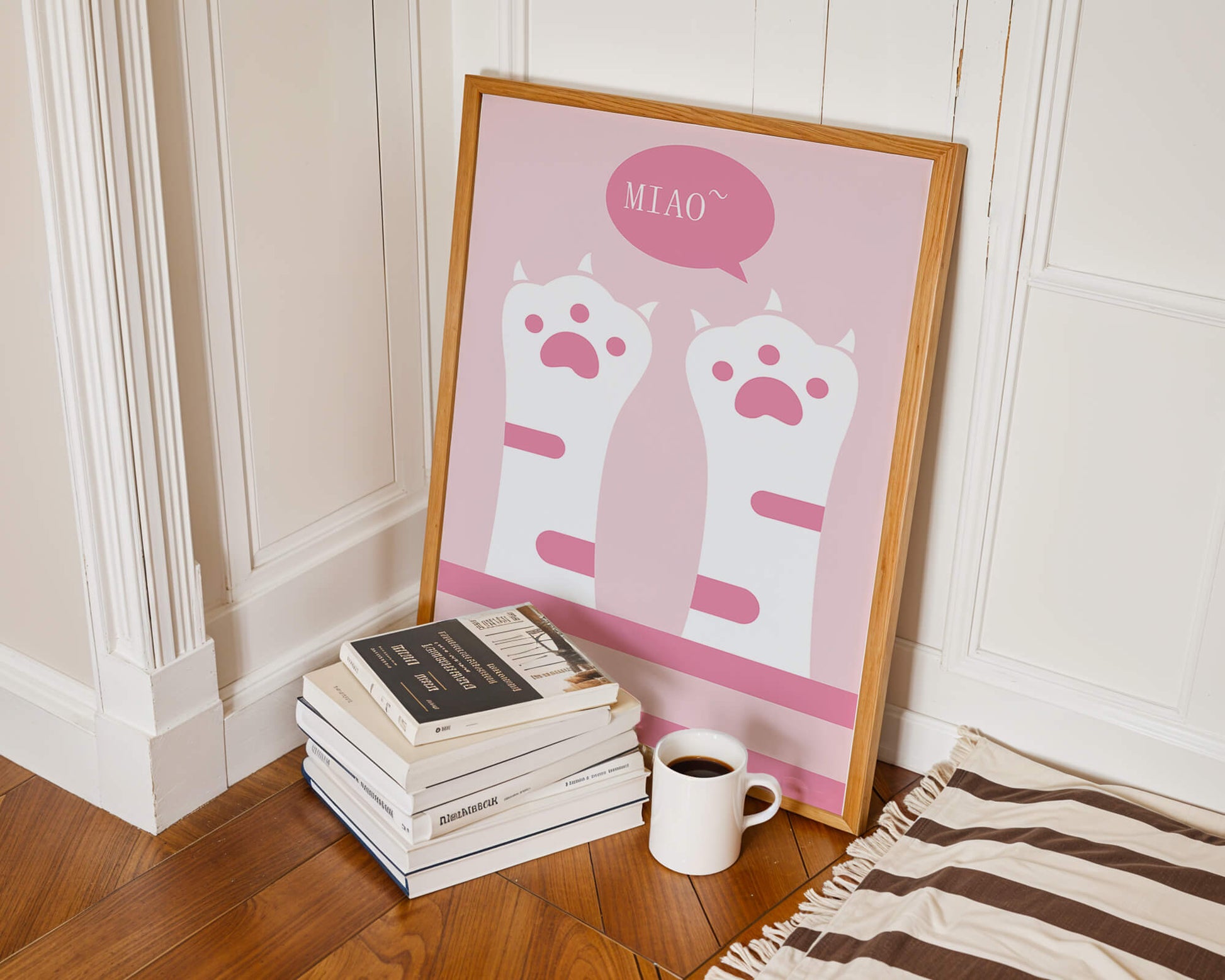 Playful cat paws illustration with speech bubble saying "Miao"