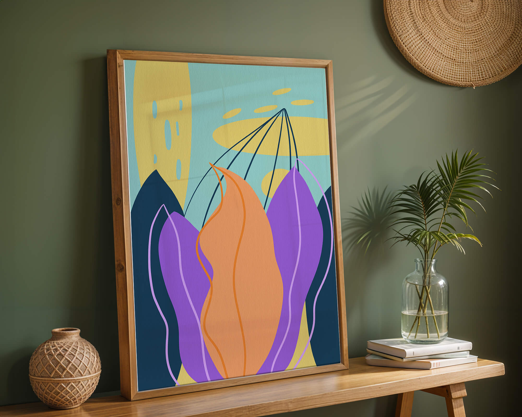 Abstract floral illustration with vibrant colors and geometric shapes
