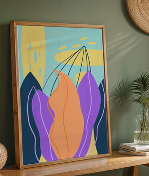 Abstract floral illustration with vibrant colors and geometric shapes